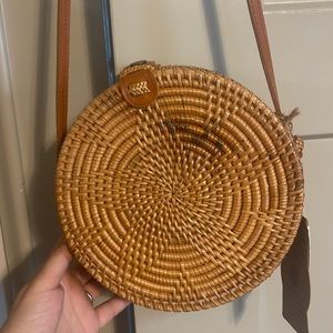 Woven basket purse with genuine leather strap